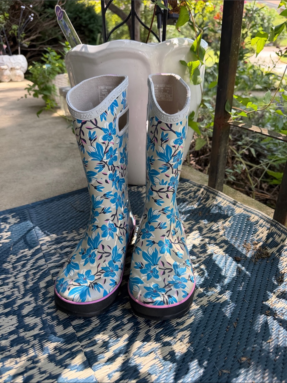 Bogs Youth Cream Floral Rain Boots with Blue Flowers